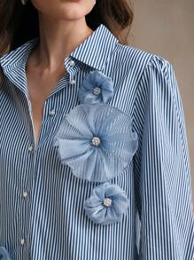 Anewsta Women Elegant Striped Floral Print Puff Sleeve Blouse