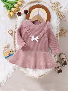 女婴休闲甜美时尚荷叶边蝴蝶结设计针织连衣裙，适合日常穿着 - 粉色 - 查看 3