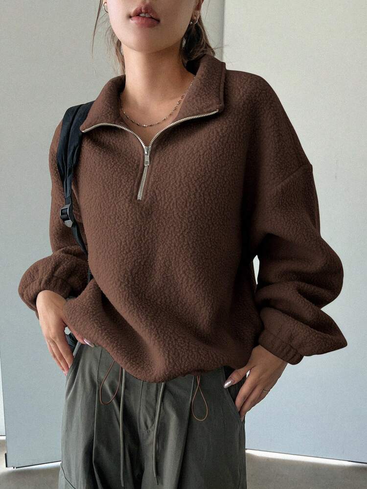 Women's Casual Solid Color Drop Shoulder Loose Half Zipper Sherpa Fleece Hoodie, Autumn/Winter,Fall Women Clothes Sweatshirt