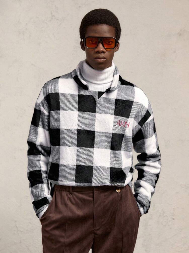 メンズ ニット チェック柄 スリムフィット ターンダウンカラー ドロップショルダー 長袖ポロシャツ、秋季に適しています