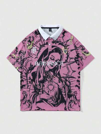 Street Life Men's Letter Print Short Sleeve Polo Football Jersey Style Shirt, Suitable For Spring And Summer, 2000s Style