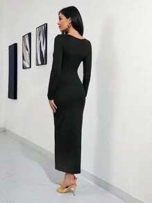 SHEIN Clasi 1pc Women's Square Neck Built-In Bra Bodycon Dress,Winter Women Clothes - Black - View 2