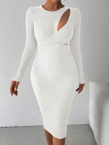 SHEIN Unity Women Casual Everyday Hollow Out Fitted Knit Sweater Dress, Autumn/Winter Fall Cloth For Women - White - View 3