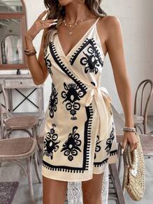 SHEIN VCAY Women's Floral Print Wrap With Knot Sleeveless Casual Dress, For Vacation