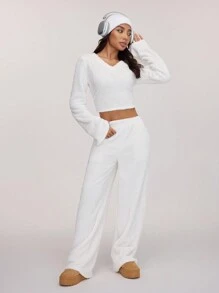 SHEIN BASICS Casual Solid Color Knitted Long Sleeve V-Neck Top & High Waist Long Pants 2pcs Set For Women, Thermal Chic, Cozy Chic, Daily Commute