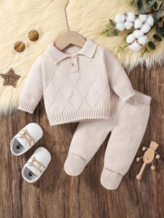 SHEIN Vintaside Kids Babyjongens gebreide trui en broek (2-delig), comfortabele warme outfit geschikt voor herfst/winter, modieuze casual kleding voor dagelijks gebruik, thuis, buiten, reizen en school.