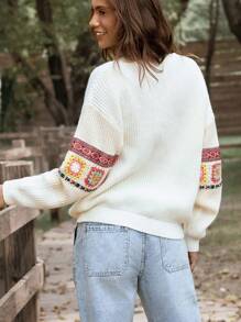LanaWest Women Long Sleeve Round Neck Geometric Embroidery Sweater, Autumn/Winter, Knit Pullover Fall - Apricot - View 2