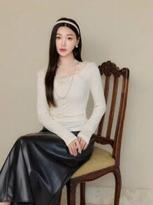 EastFlair 女士花朵与网眼撞色长袖上衣，秋冬款 - 杏色 - 查看 4