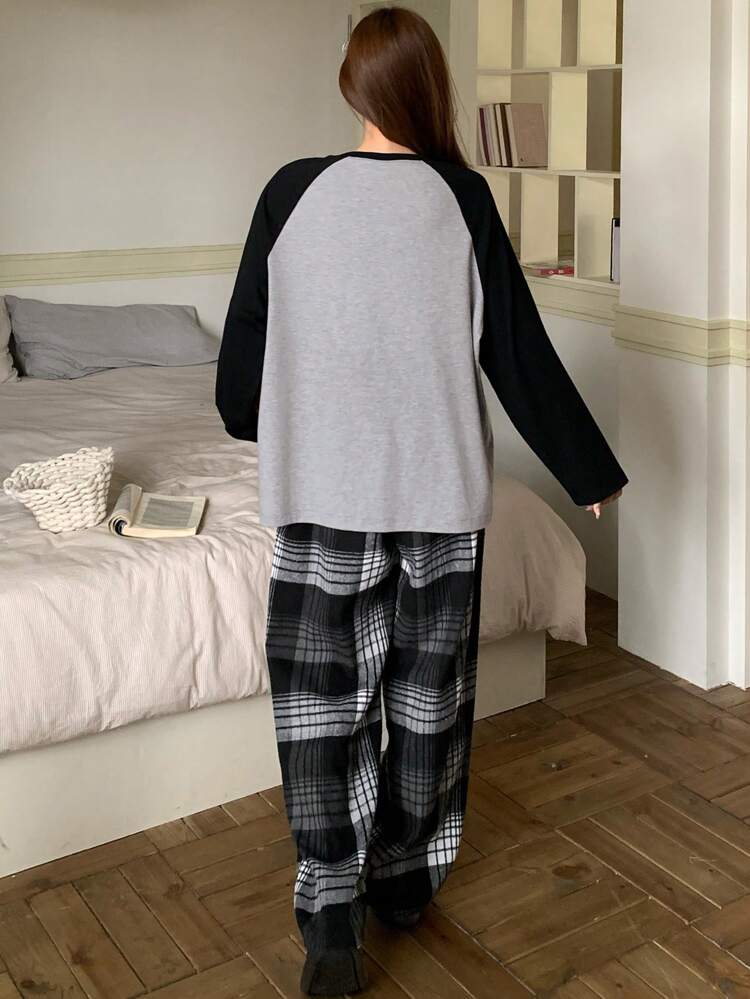 Cute Cartoon Print Contrast Raglan Sleeve Top & Plaid Loose Pants Sleepwear Pajama Set, Back To School Clothes, Fall Winter Clothes