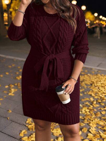 EMERY ROSE Vestido de punto elegante de manga larga con cuello redondo y cinturón, unicolor, para tallas grandes, invierno