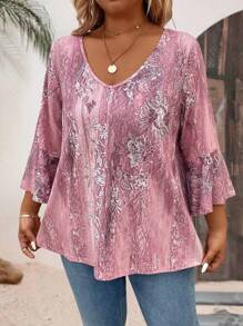 Plus Size Women Casual Digital Print Sweetheart Neck 3/4 Sleeve T-Shirt Graphic Tees Women Tops