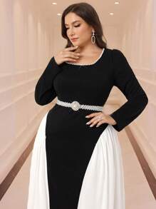 Modelyn Plus Size Color Block Elegant Long Sleeve Empire Waist Dress, Suitable For Evening Party Long Evening Dresses - Multicolor - View 3