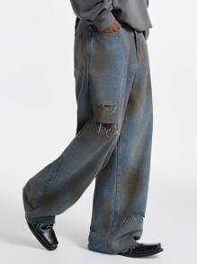 Manfinity VCAY Jeans en denim tissé déchiré de style de rue long pour homme, jeans longs et amples unis gris foncé lavés à l'acide, pour le mari, cadeaux pour le petit ami - Bleu azur - Voir 6