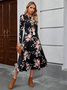 EMERY ROSE Women's Floral Print Round Neck Long Sleeve Elegant Mid-Length Dress, Autumn Dresses For Women