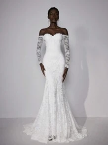 Elitara 优雅浪漫华丽的白色蕾丝全蕾丝露肩长袖蕾丝鱼尾透视U型大露背长拖尾婚礼礼服，适合新娘、新娘礼服、情人节等场合。 - 白色 - 查看 6