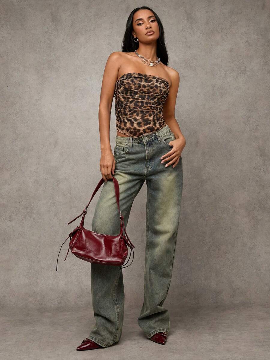 SHEIN BAE 豹纹性感抹胸紧身胸衣，乡村音乐会上衣，波西米亚风，圣诞派对 - 摩卡棕 - 查看 1