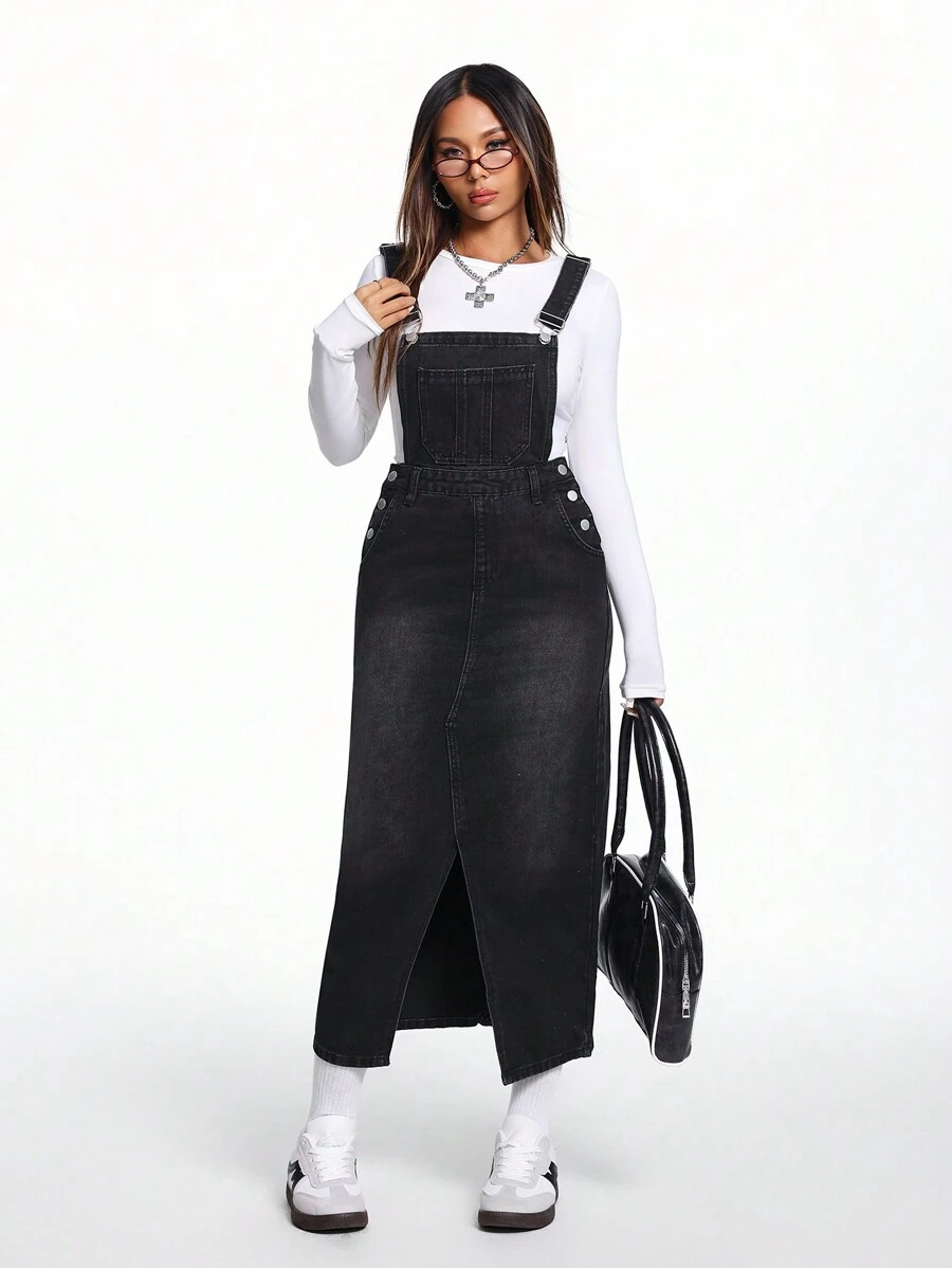 SHEIN EZwear Vestido overol mezclilla de muslo con abertura sin top tubo