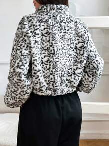 SHEIN EZwear 女士休闲豹纹羊毛运动衫，适合秋冬季日常穿着 - 黑與白 - 查看 2