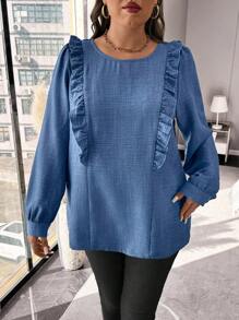 SHEIN LUNE Plus Size Herfst Casual Shirt Met Ruche Rand En Knoopdecoratie