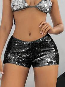 SHEIN ICON Women Y2K Music Festival Summer Low-Rise Sparkly Fashionable Party Clubwear Shorts - Black - View 2