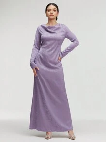 Veilorie Ladies' Elegant Floral Jacquard Long Sleeve Long Dress With V-Neck For Spring/Summer Modest - Dusty Purple - View 6