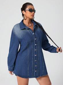 SHEIN ICON 大码女式休闲蓝色牛仔长袖领性感连衣裙 - 中等水洗藍 - 查看 5