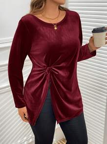 SHEIN Clasi 女式加大码优雅纯色扭结开衩下摆 T 恤，秋季 - 酒紅色 - 查看 4