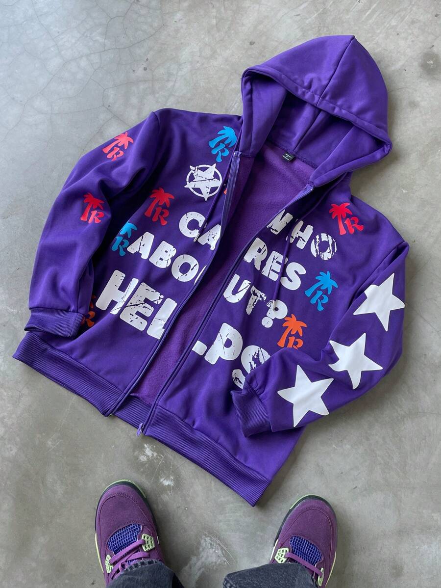 Manfinity Roghcode Manfinity Streetrush Men's Autumn Slogan Print Long Sleeve Zip Front Drawstring Hooded Casual Sweatshirt - Purple - View 1