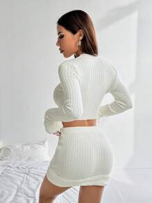 SHEIN Unity 2 件套休闲日常时尚纯色圆领拼布羊毛边饰毛衣和毛衣迷你裙，秋冬 - 白色 - 查看 2