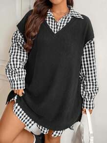 SHEIN EZwear Plus Size 2pcs/Set Plaid Print Dress And Vest Suit For Casual Daily Wear, Autumn
