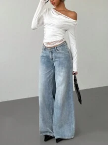 Siren Gaze Autumn Solid Color Oblique Shoulder Lace Splicing Cowl Collar Long-Sleeved Women's T-Shirt White For Women Casual Holiday Women New Years Y2k Top Winter Spring - White - View 3