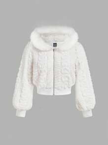 SHEIN MOD Plus Size Women's Hooded Long Sleeve Heart Pattern Fluffy Trim Jacket, Autumn Winter,Women Hoodies, Brunch Women, Fall Wedding Guest Hoodie, Homecoming, 90s, Ladies Late Fall Casual Contrast Fluffy, Zipper Regular Sleeve Hooded Regular Fit White Plain Women Jackets, Casual Daily Wear,New Year,Valentine