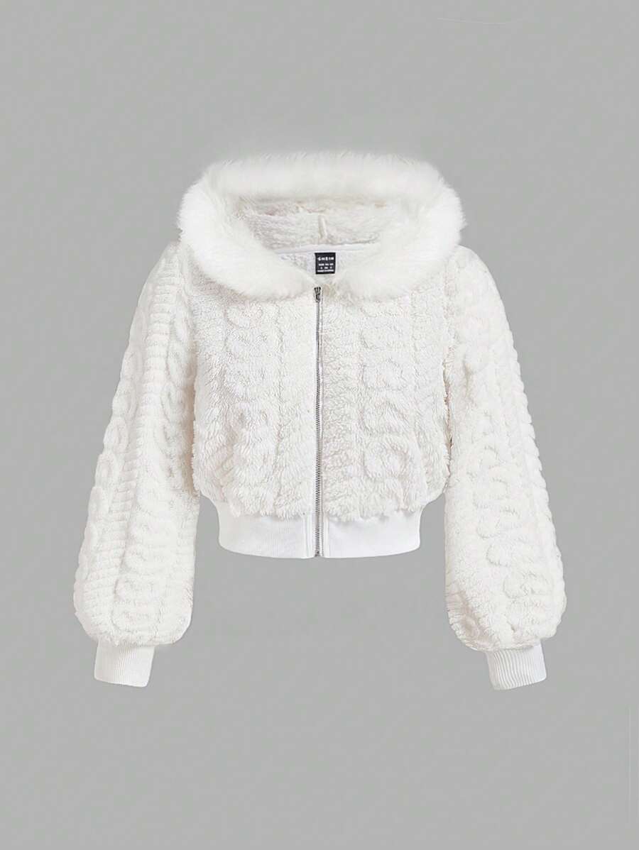 SHEIN MOD Plus Size Women's Hooded Long Sleeve Heart Pattern Fluffy Trim Jacket, Autumn Winter,Women Hoodies, Brunch Women, Fall Wedding Guest Hoodie, Homecoming, 90s, Ladies Late Fall Casual Contrast Fluffy, Zipper Regular Sleeve Hooded Regular Fit White Plain Women Jackets, Casual Daily Wear,New Year,Valentine