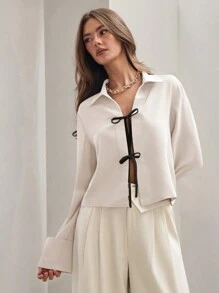 COSMINA Women's Casual Color Block Knot Front Long Sleeve Loose Blouse, Autumn - Cream - View 6