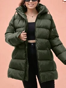 EURMUSE 大码 女款 拉链 抽绳 连帽 加厚 羽绒大衣 - 軍綠色 - 查看 1