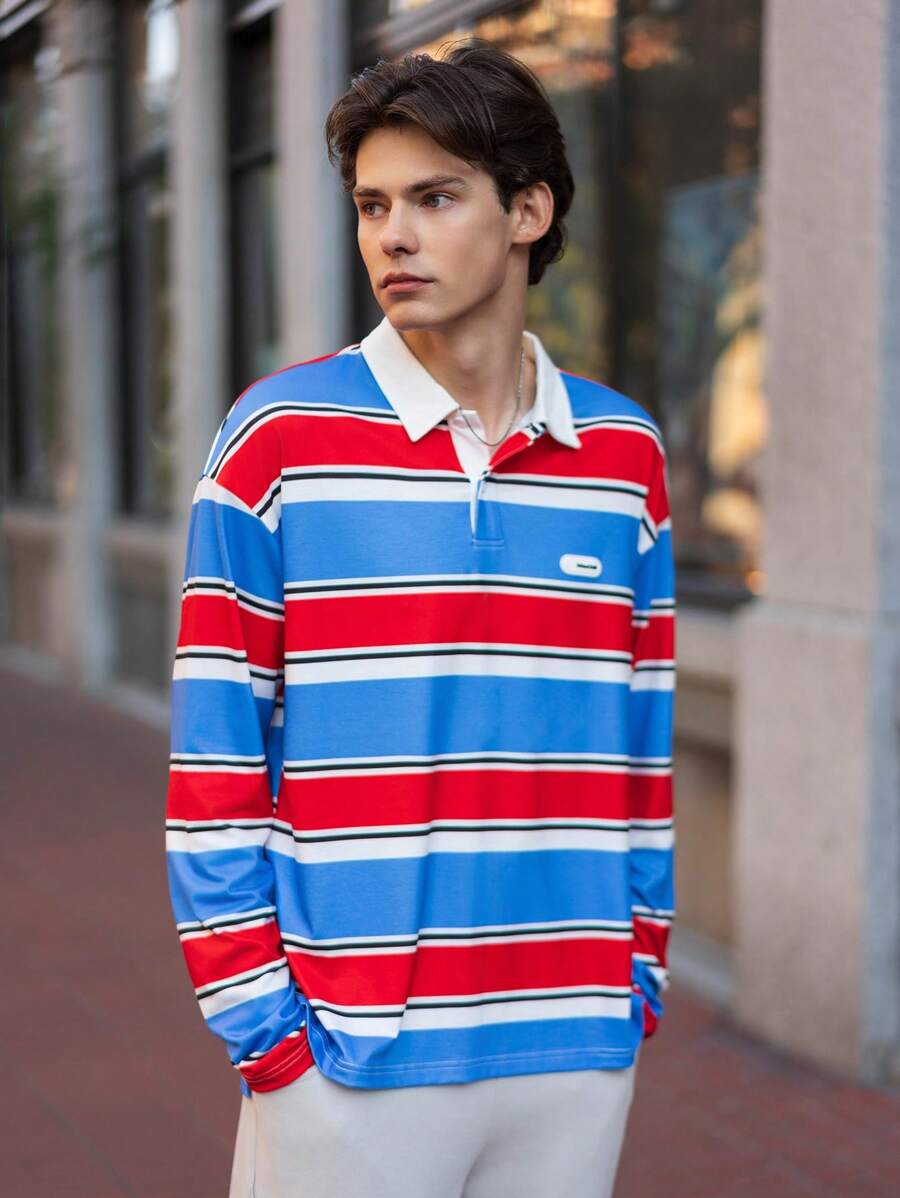 Manfinity VCAY Áo thun polo dài tay rộng rãi họa tiết sọc dệt kim thường ngày cho nam, mặc hàng ngày/trẻ trung - Nhiều màu - Xem 1