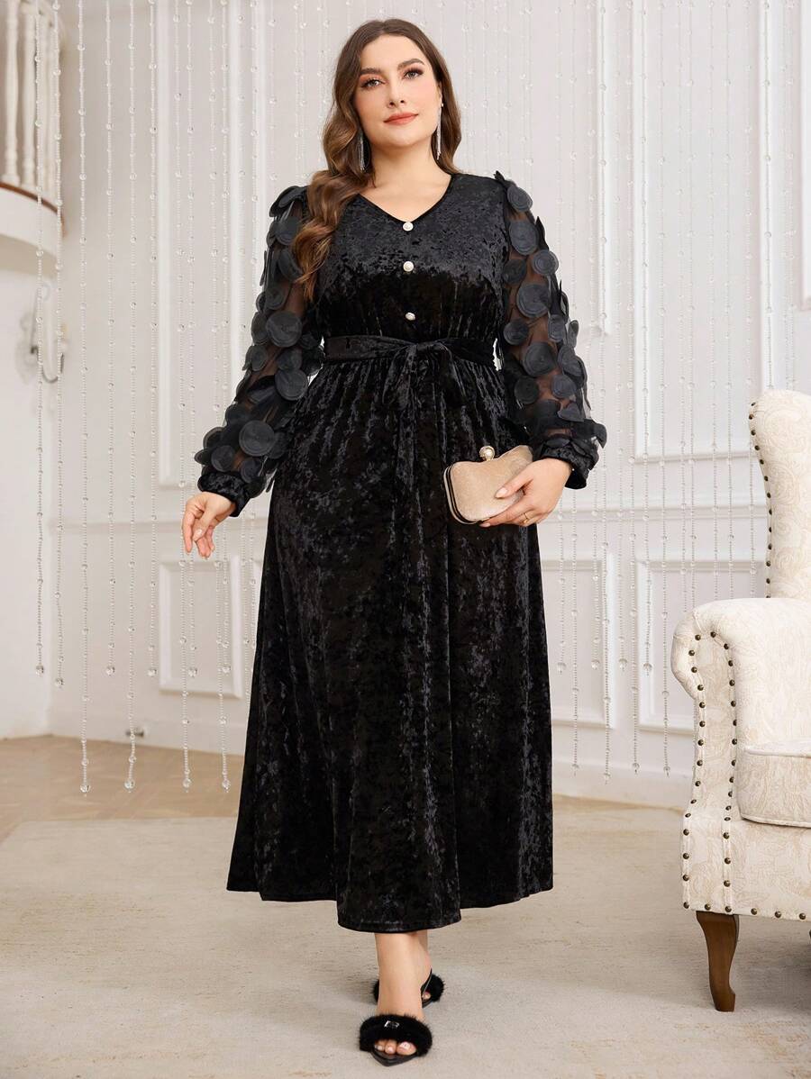 Modelyn Elegant V-Neck Velvet Mesh Contrast Plus Size Dress - Black - View 1