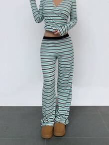 SHEIN BASICS 2pcs/Set Women Casual Knit Striped V-Neck Long Sleeve Fitted T-Shirt & Low Waist Flared Pants Set