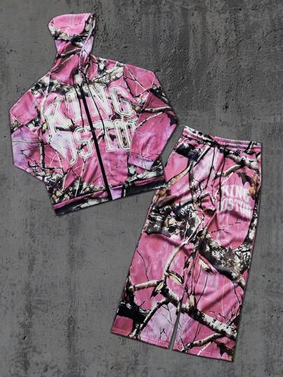 Manfinity EMRG 2pcs/Set Plus Size Men's Front Zipper Long Sleeve Letter Print Minimalist Hoodie And Sweatpants Tracksuits