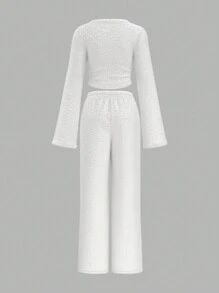 SHEIN BASICS Casual Solid Color Knitted Long Sleeve V-Neck Top & High Waist Long Pants 2pcs Set For Women, Thermal Chic, Cozy Chic, Daily Commute