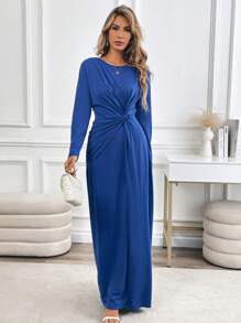 SHEIN Clasi Women's Solid Color Long Sleeve Twist Minimalist Casual Fitted High Waist Floor Length Dress