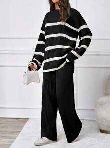 SHEIN Tall Women's Striped Drop Shoulder Sweater Two Piece Set - Black and White - View 4