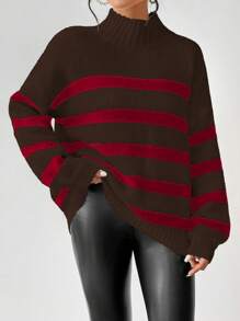 SHEIN Unity Women Casual Colorblock Striped Pattern Loose Fit Turtleneck Pullover Sweater, Autumn/Winter Knit Pullover Fall - Brown - View 4