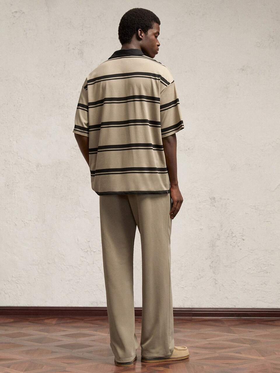 2pcs Men's Set,Striped Contrast Color Polo Shirt & Straight Leg Pants,Khaki,Black,Summer,Casual,City Break,Back-To-School,Loose Fit Drawstring Waist