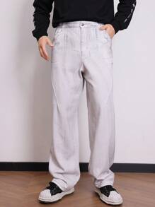 Manfinity Hypemode Plus Size Men Casual Straight Leg Jeans With Oblique Pockets, Loose Fit - Light Grey - View 1