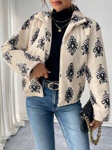 SHEIN Unity Women's Casual All-Over Print High Collar Oblique Pocket Zipper Front Hooded Sweatshirt, Winter Clothes Thermal Jacket Coat Fall Cloth For Women - Apricot - View 5