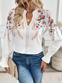 SHEIN Clasi Blusa casual con cuello en V, de manga larga, con estampado floral sencillo, para uso diario - Multicolor - Ver 1