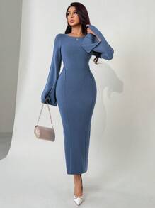 Modelyn Women Elegant Solid Color Split Flare Sleeve Fitted Ribbed Knit Sweater Dress