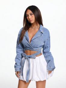 SHEIN EZwear 女士纯色翻领长袖领带休闲夹克，日常穿着 - 藍色 - 查看 5