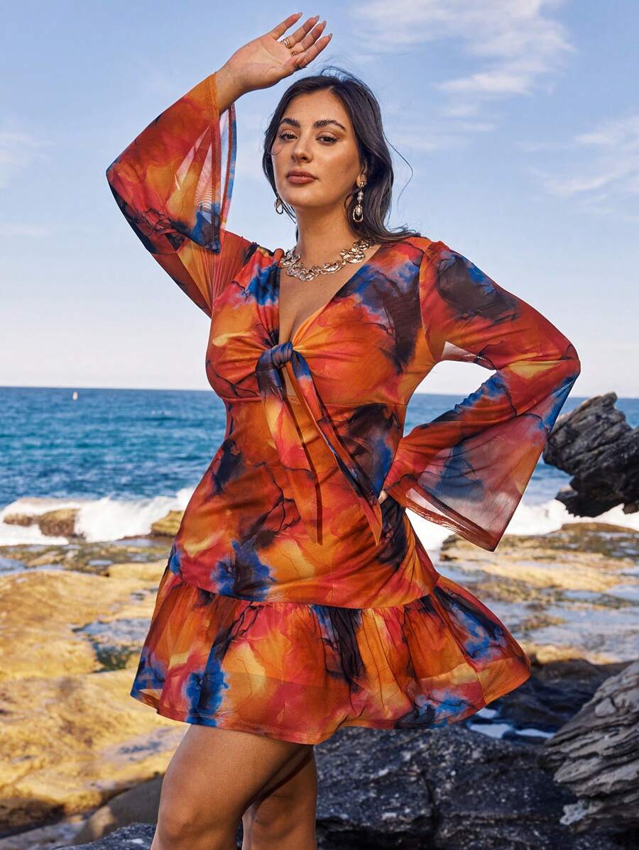 SHEIN VCAY Women Tie Dye Boho Autumn Holiday Vacation Dress,Thanksgiving Christmas Party New Year Eve Outfit,Date Night Knitted Modest Outfits - Multicolor - View 1